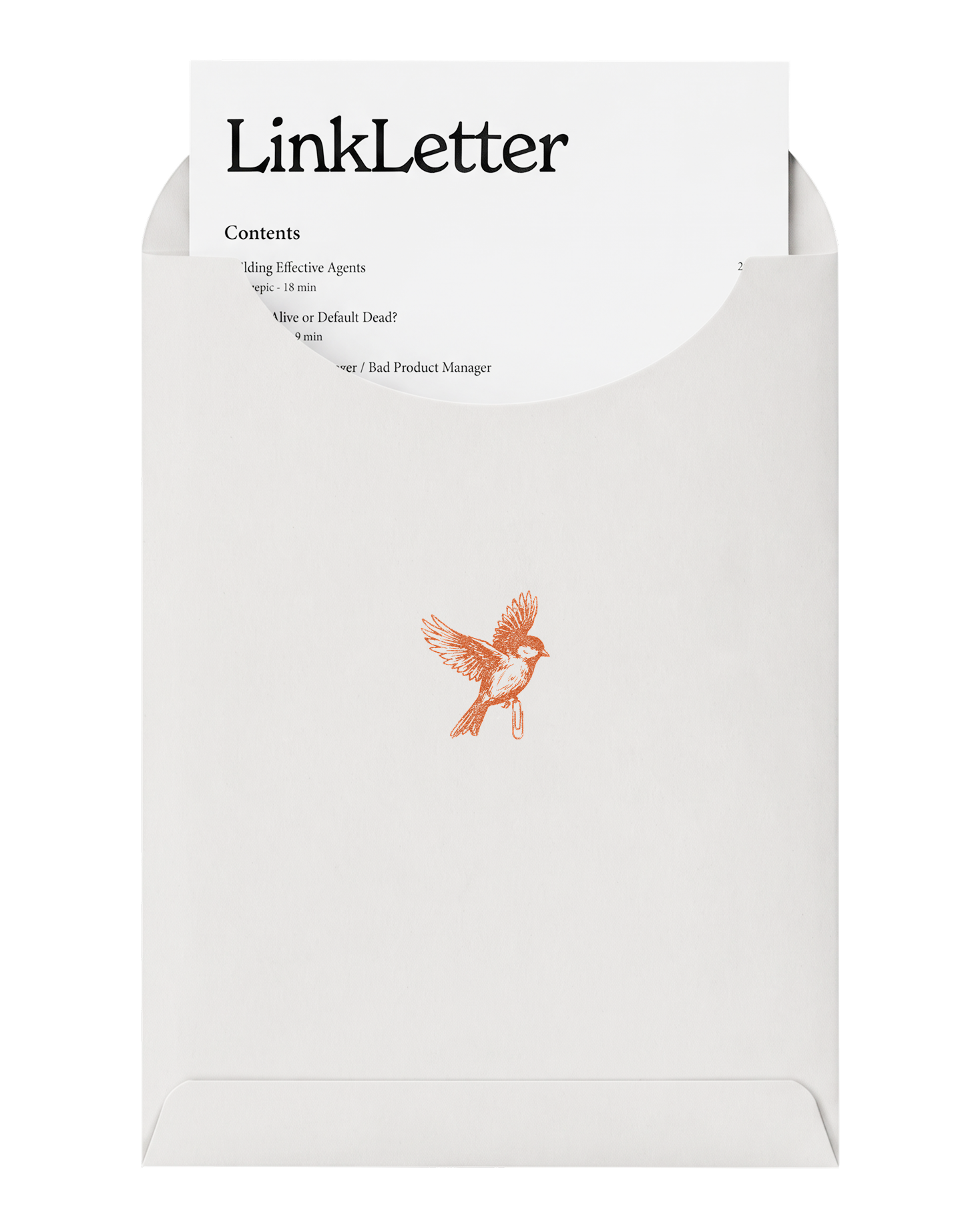 A LinkLetter issue tucked into its envelope