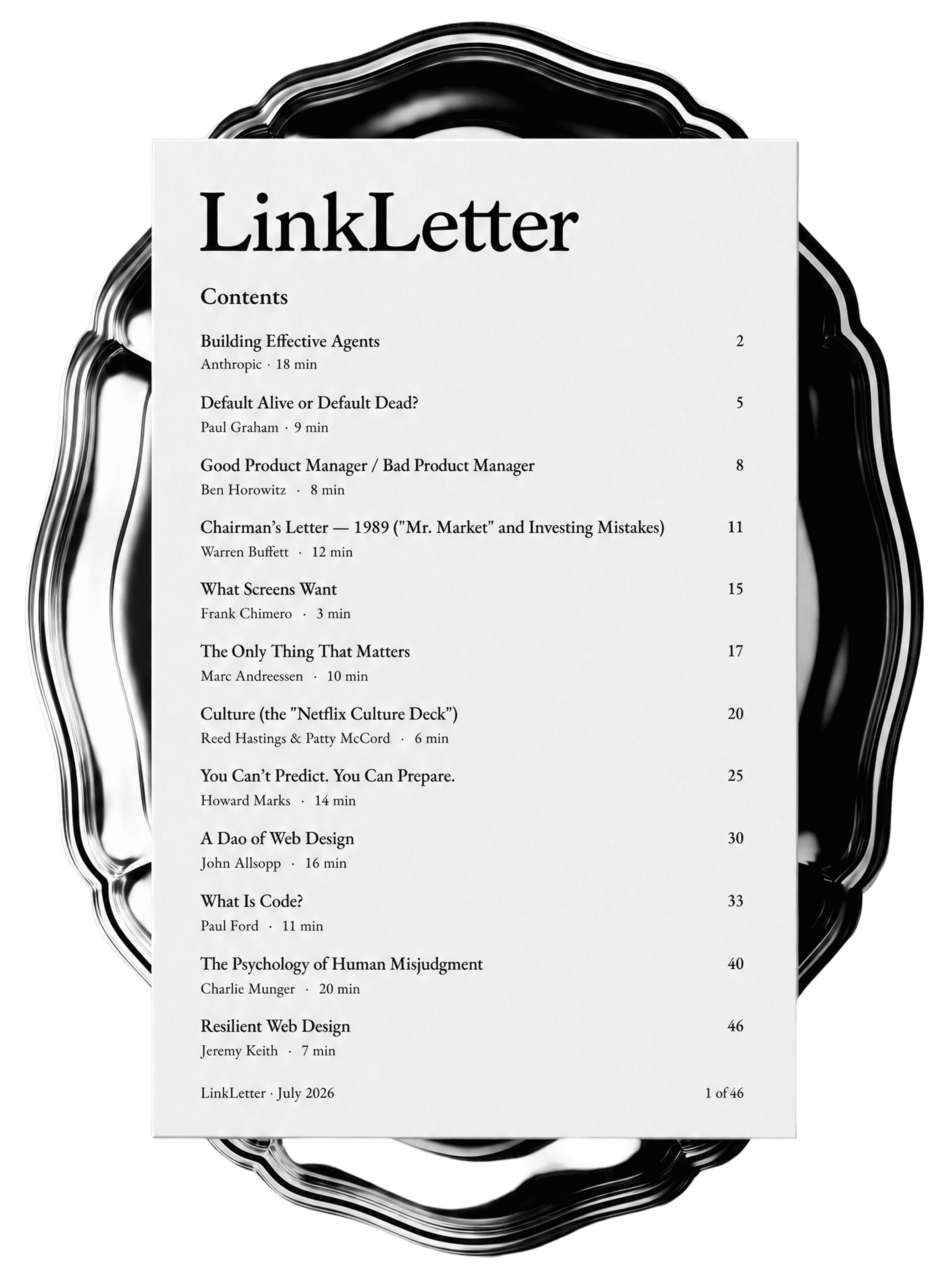 A printed LinkLetter issue showing its contents page