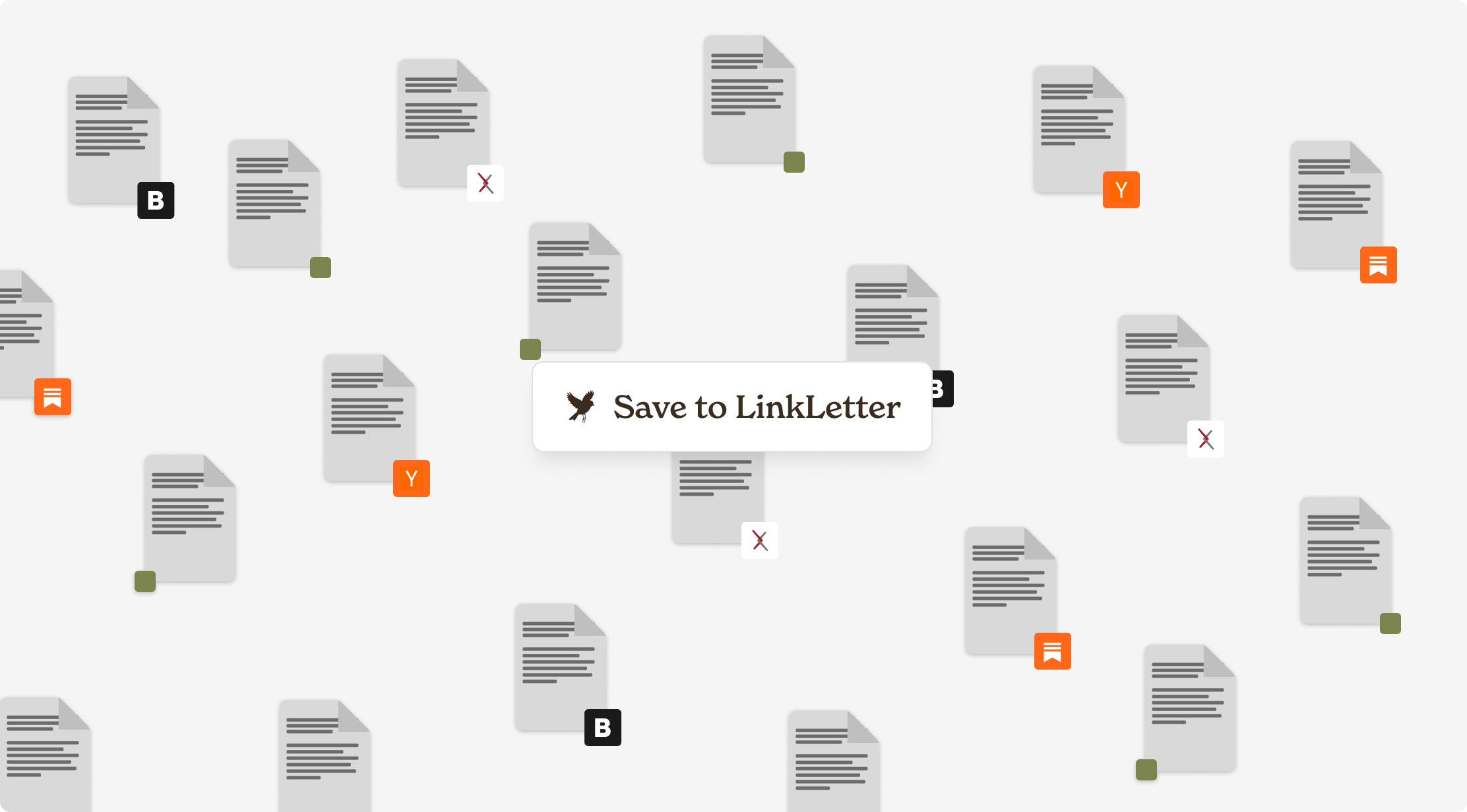 A scatter of saved articles and browser tabs, with a Save to LinkLetter prompt